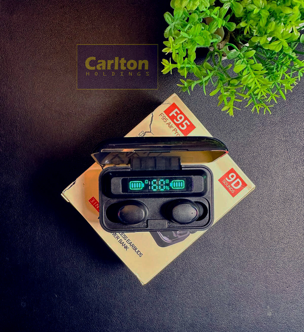 F95 AIR PRO PLUS - 2025 Power bank + Earbuds + Phone Stand 3 in 1 Head set 9D Bass sounds