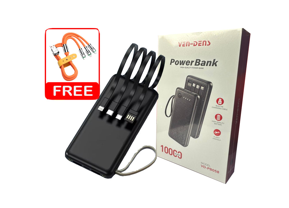 VENDENS 10000MAH POWER BANK WITH 4 Types cables - USB, TYPE C, LIGHTNING, MICRO - LED TORCH with display