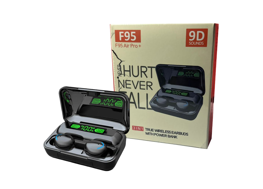 F95 AIR PRO PLUS - 2025 Power bank + Earbuds + Phone Stand 3 in 1 Head set 9D Bass sounds